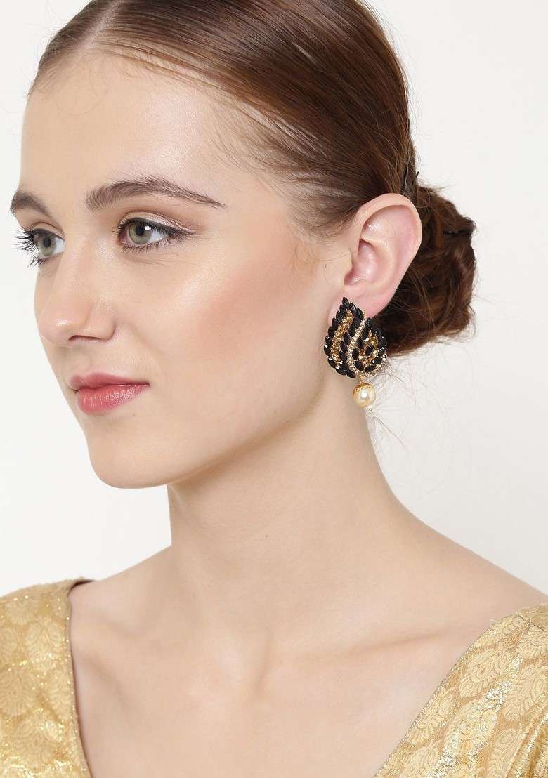 Gold Plated Gold Toned And Black Paisley Shaped Handcrafted Studs - Indya