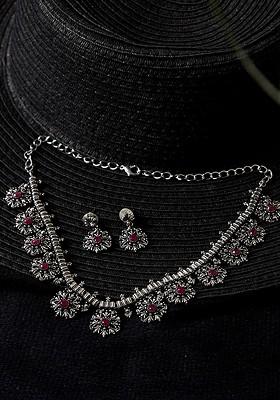 Women Silver Plated And Pink Oxidised Stone Studded Jewellery Set