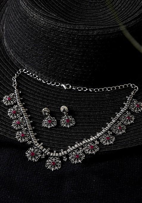 Women Silver Plated And Pink Oxidised Stone Studded Jewellery Set