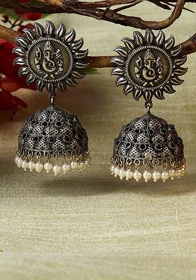 White Silver Plated Oxidised Dome Shaped Jhumkas