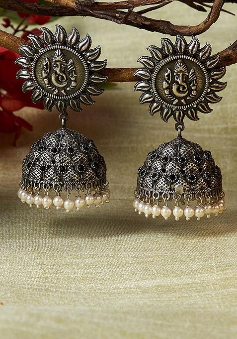 White Silver Plated Oxidised Dome Shaped Jhumkas