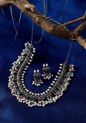 Women Silver Plated And Green Oxidised Stone Studded Jewellery Set