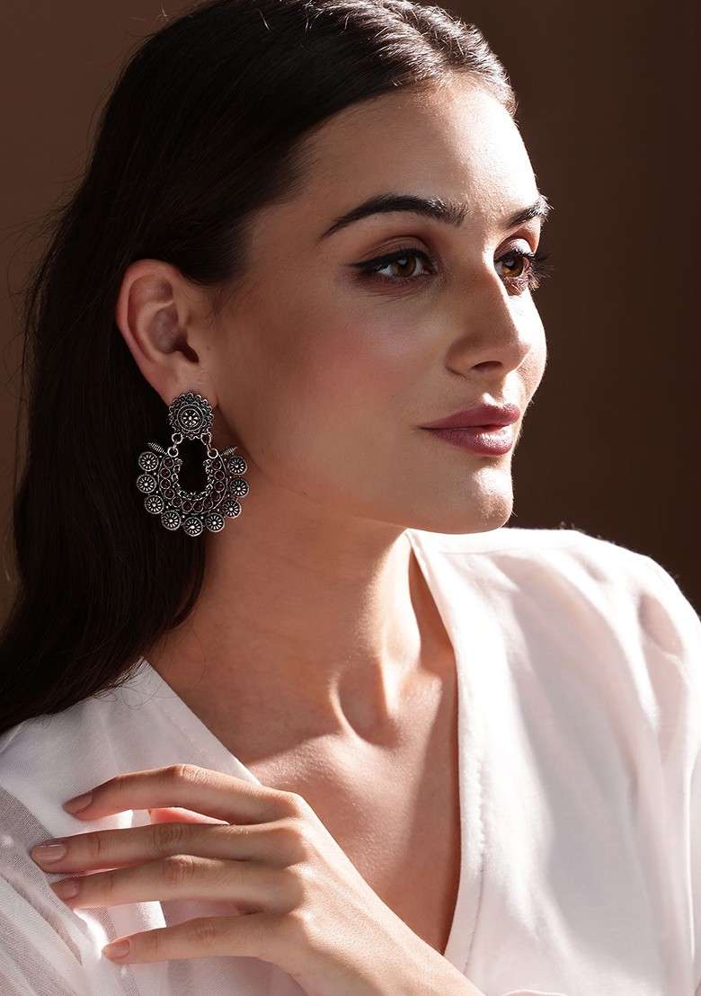 Silver Toned Floral Chandbalis - Indya