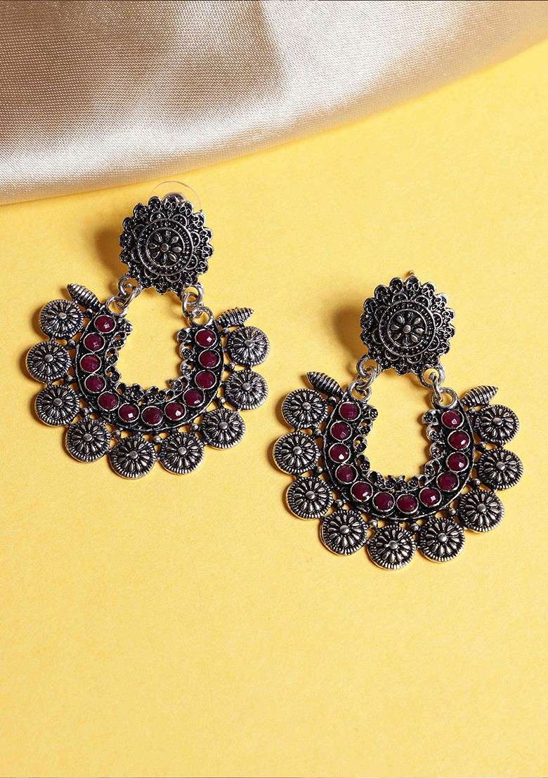 Silver Toned Floral Chandbalis - Indya