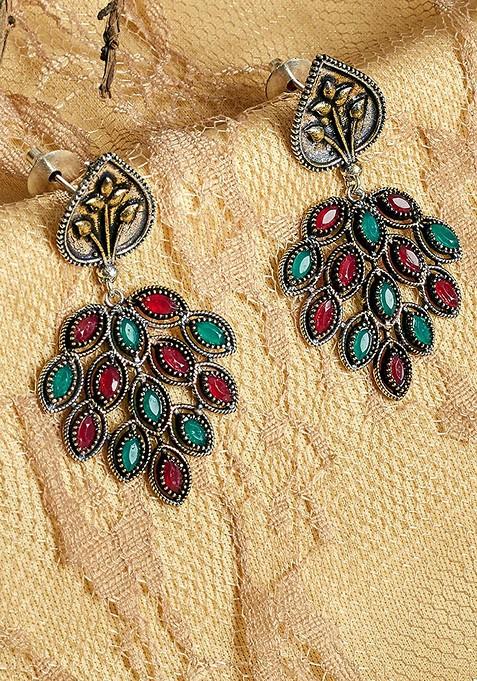 Silver Plated And Red Oxidised Leaf Shaped Drop Earrings