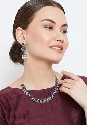 Women Silver Plated And Red Oxidised Stone Studded Jewellery Set