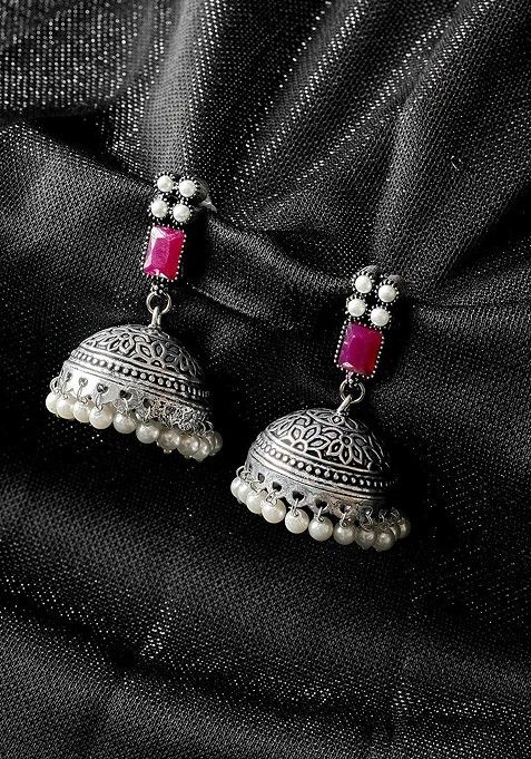 Silver Plated And Pink Oxidised Jhumkas