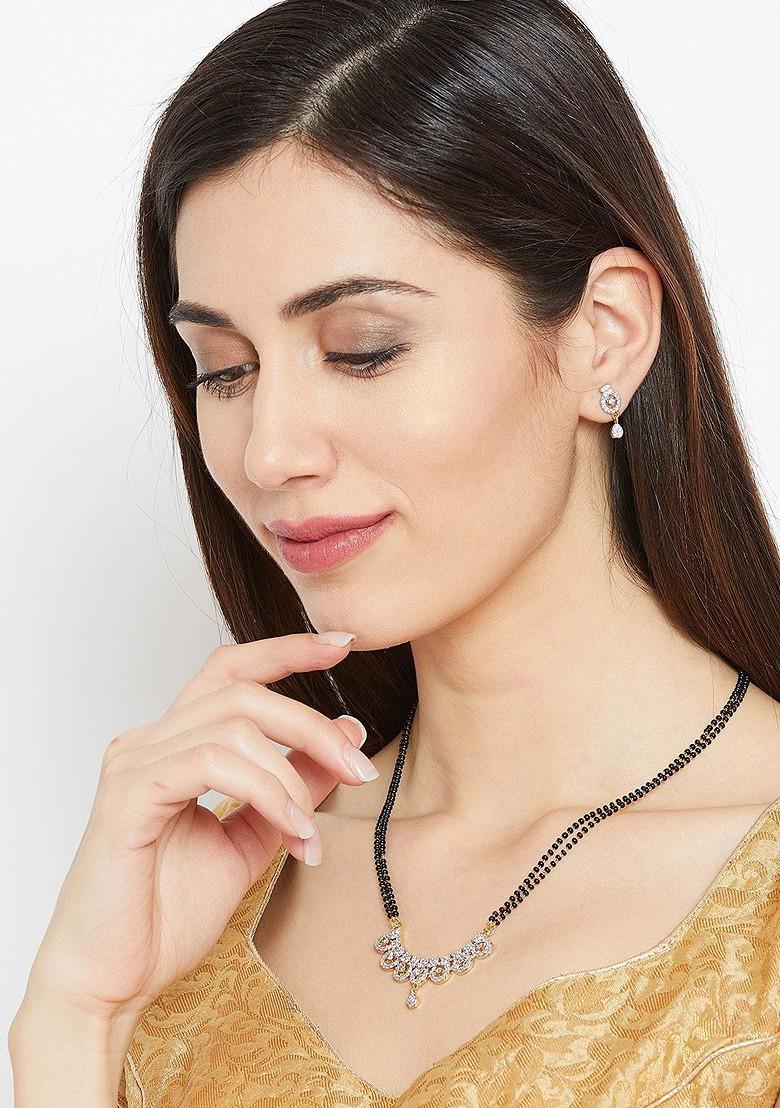 Gold Plated White Solitaire CZ Stone Studded Mangalsutra With Earrings