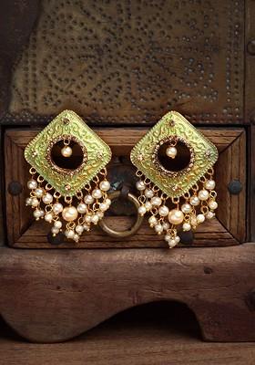 Gold Toned And Green Square Drop Earrings
