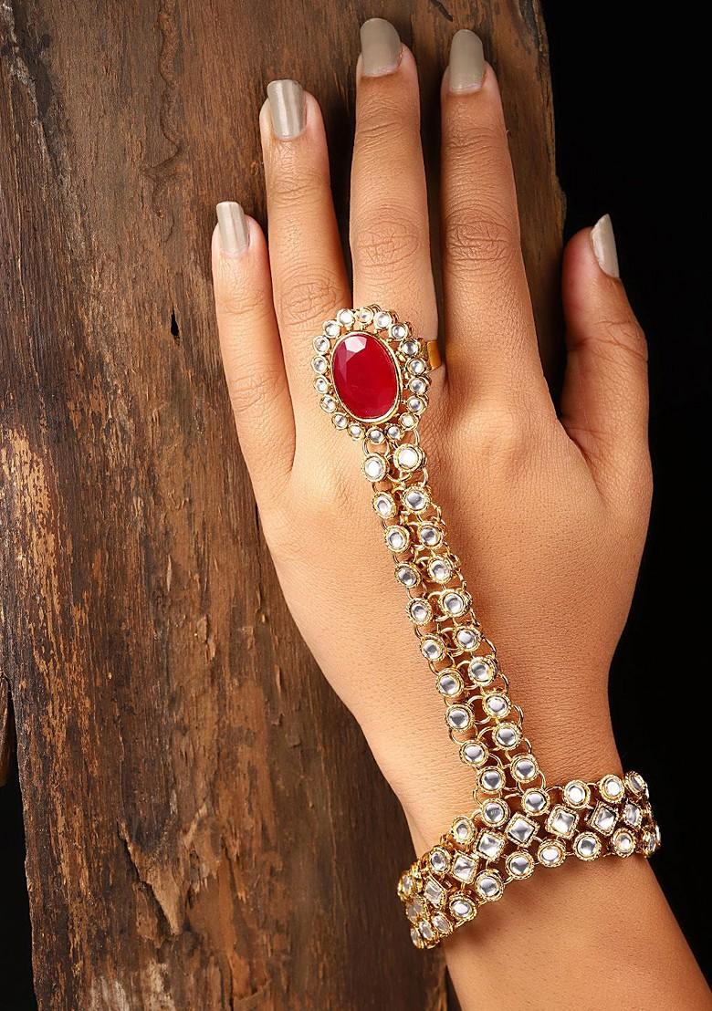 Buy Women Gold Toned And Red Kundan Ring Bracelet 9013591