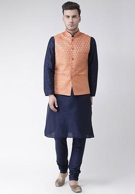 Men Navy Blue And Peach Coloured Solid Kurta With Pyjamas And Nehru Jacket