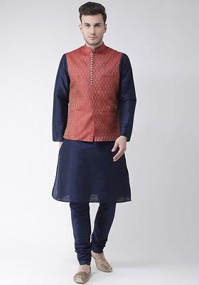 Men Navy Blue And Red Solid Kurta With Pyjamas And Nehru Jacket