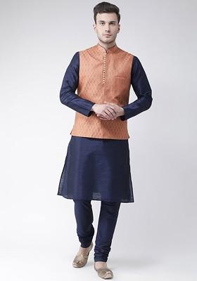 Men Navy Blue Solid Kurta With Pyjamas And Nehru Jacket
