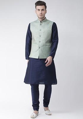 Men Navy Blue And Green Solid Kurta With Churidar And Nehru Jacket