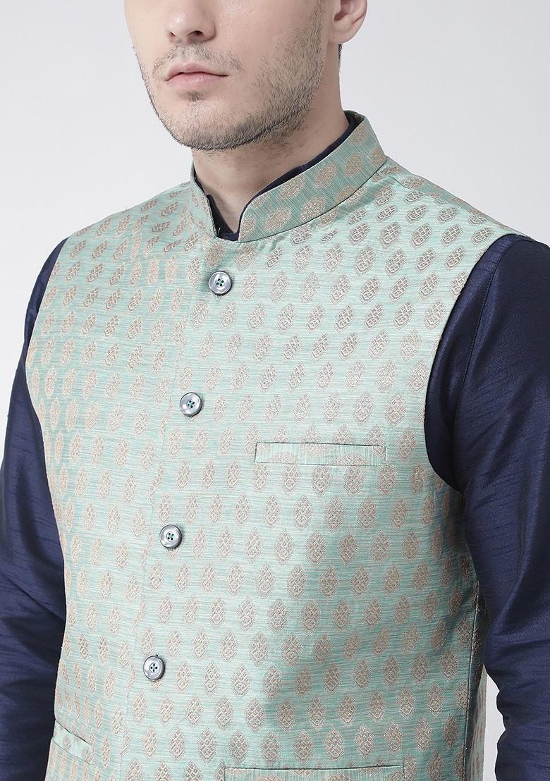 Men Navy Blue And Green Solid Kurta With Churidar And Nehru Jacket