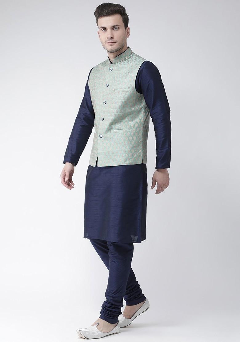 Men Navy Blue And Green Solid Kurta With Churidar And Nehru Jacket