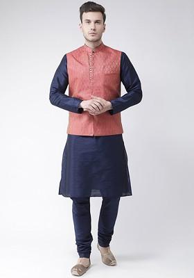 Men Navy Blue And Peach Coloured Solid Kurta With Pyjamas And Nehru Jacket