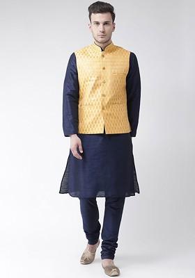 Men Navy Blue Solid Kurta With Pyjamas And Nehru Jacket