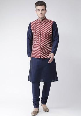 Men Navy Blue And Maroon Solid Kurta With Pyjamas And Nehru Jacket