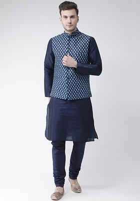 Men Navy Blue Solid Kurta With Pyjamas And Nehru Jacket