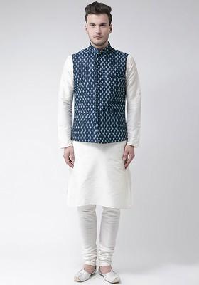 Men White And Navy Blue Solid Kurta With Pyjamas And Nehru Jacket