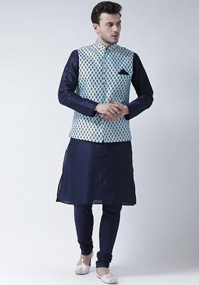 Men Navy Blue Solid Kurta With Pyjamas And Nehru Jacket