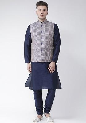 Men Navy Blue Solid Kurta With Churidars And Nehru Jacket