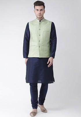 Men Navy Blue And Green Solid Kurta With Pyjamas And Nehru Jacket