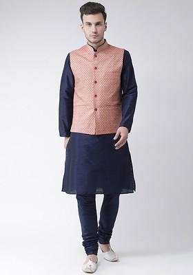 Men Navy Blue And Pink Solid Kurta With Pyjamas And Nehru Jacket