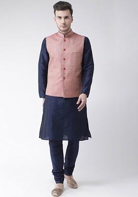 Men Navy Blue And Pink Solid Kurta With Pyjamas And Nehru Jacket