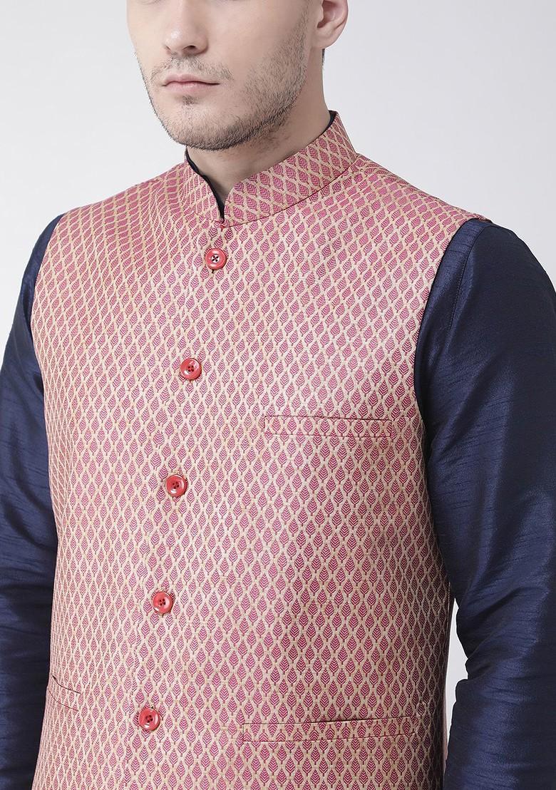 Men Navy Blue And Pink Solid Kurta With Pyjamas And Nehru Jacket