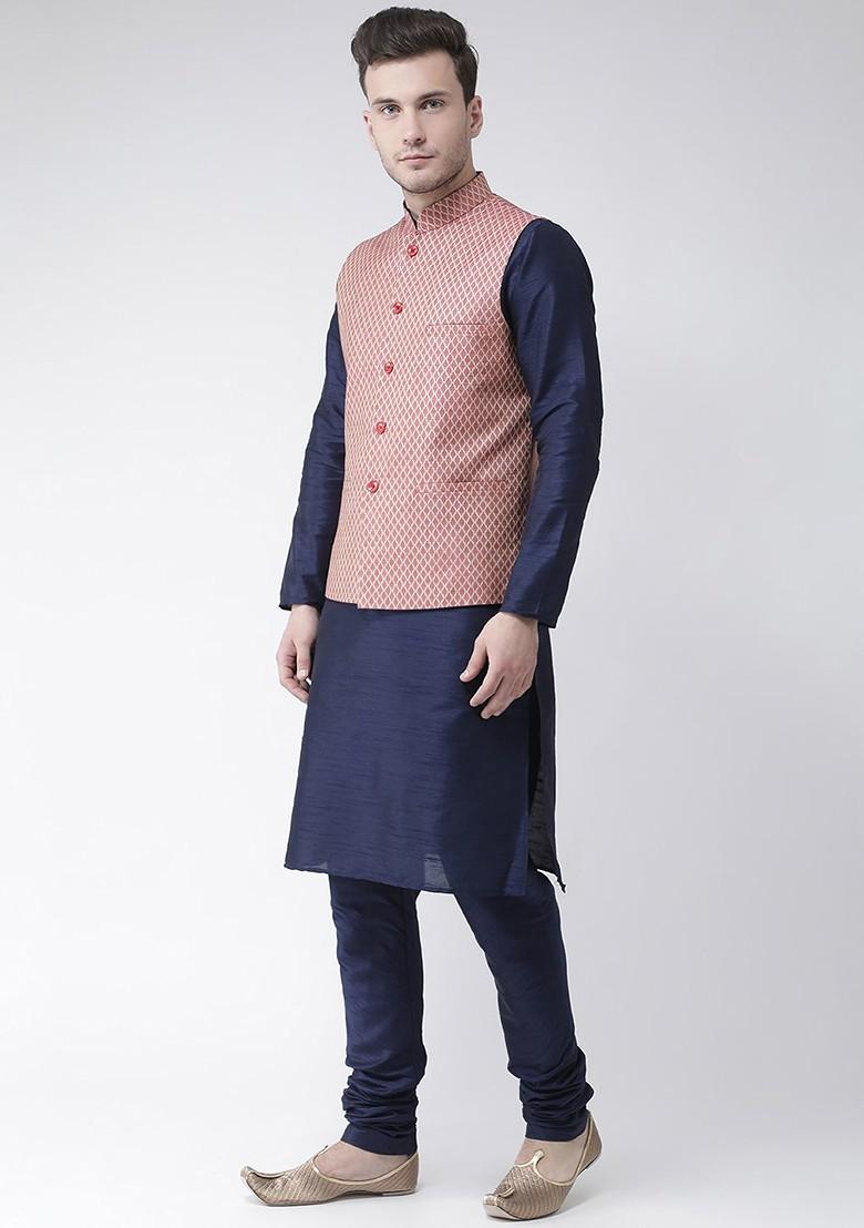 Men Navy Blue And Pink Solid Kurta With Pyjamas And Nehru Jacket