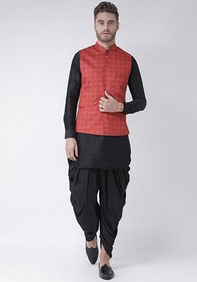 Men Black And Red Printed Kurta With Dhoti Pants And Nehru Jacket
