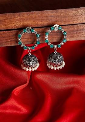 Silver Plated And Green Dome Shaped Oxidised Jhumkas
