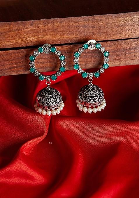 Silver Plated And Green Dome Shaped Oxidised Jhumkas