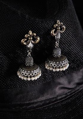 Silver Plated And White Dome Shaped Oxidised Jhumkas