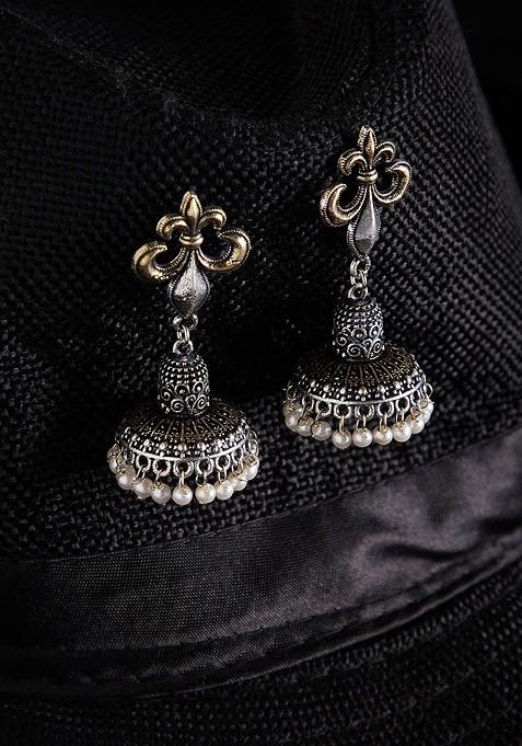 Silver Plated And White Dome Shaped Oxidised Jhumkas