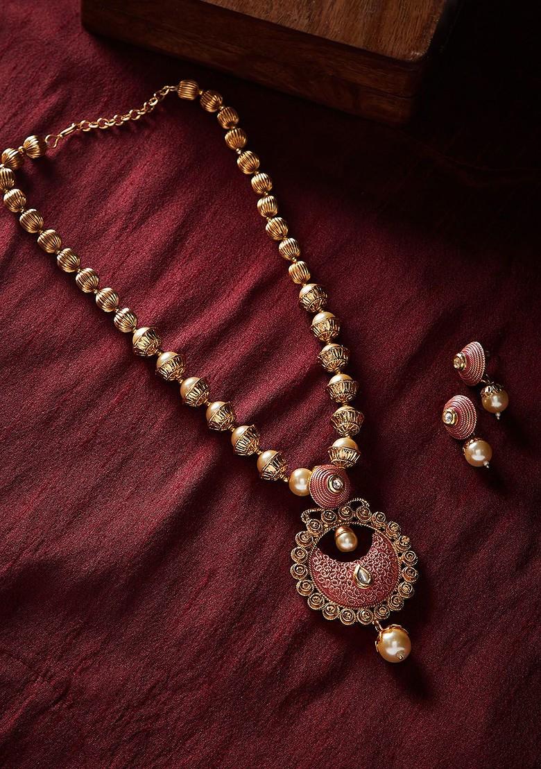 Women Gold Plated; Pink Pearls Beaded Enamelled Handcrafted Jewellery Set