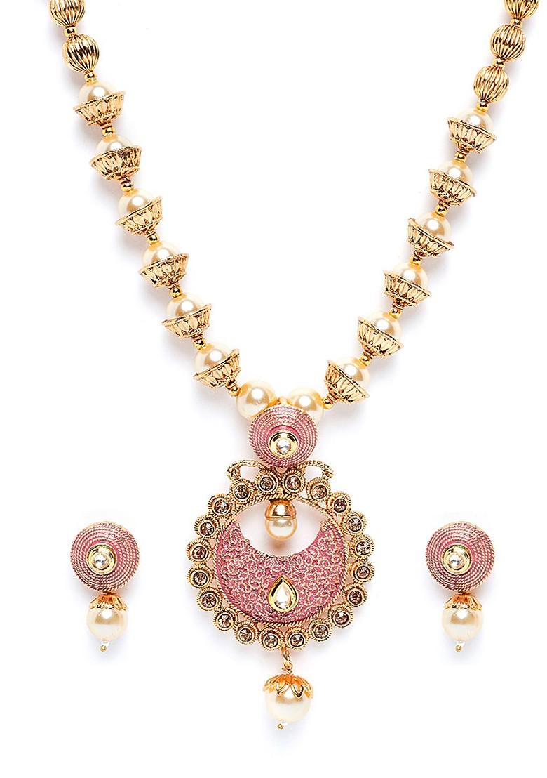 Women Gold Plated; Pink Pearls Beaded Enamelled Handcrafted Jewellery Set