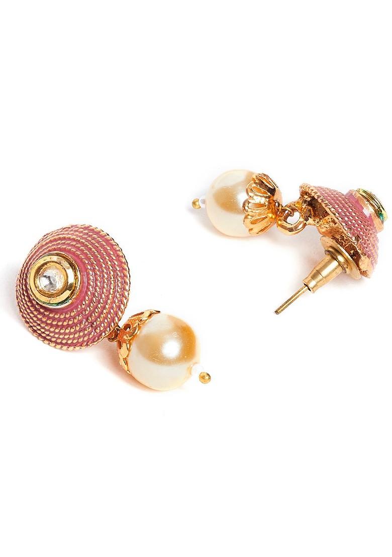 Women Gold Plated; Pink Pearls Beaded Enamelled Handcrafted Jewellery Set