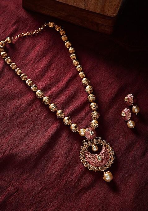 Women Gold Plated; Pink Pearls Beaded Enamelled Handcrafted Jewellery Set