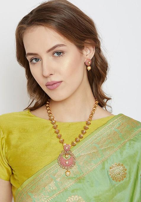 Women Gold Plated; Pink Pearls Beaded Enamelled Handcrafted Jewellery Set