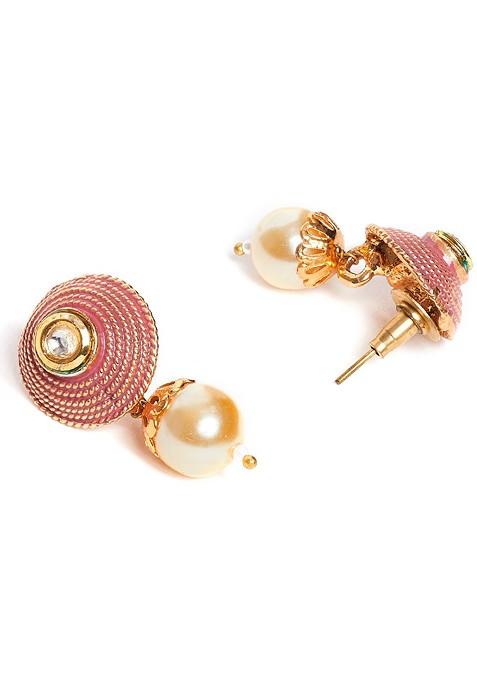 Women Gold Plated; Pink Pearls Beaded Enamelled Handcrafted Jewellery Set