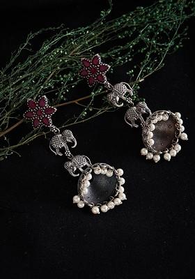 Silver Plated And Pink Animal Shaped Oxidised Jhumkas