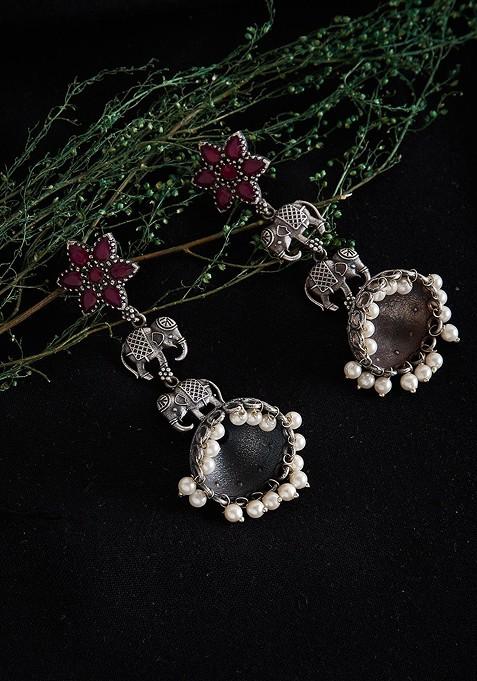 Silver Plated And Pink Animal Shaped Oxidised Jhumkas