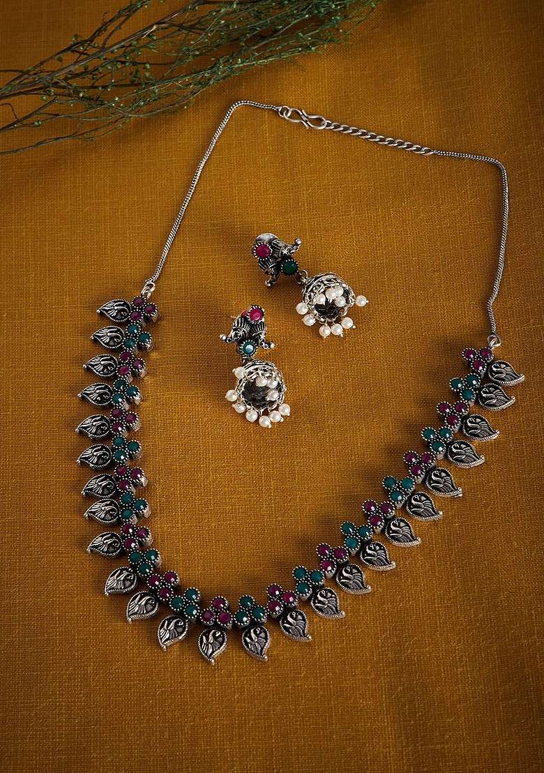 Women Oxidised Silver Plated Stone Studded Handcrafted Jewellery Set - Indya
