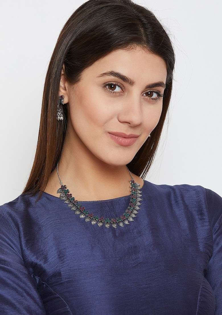 Women Oxidised Silver Plated Stone Studded Handcrafted Jewellery Set - Indya