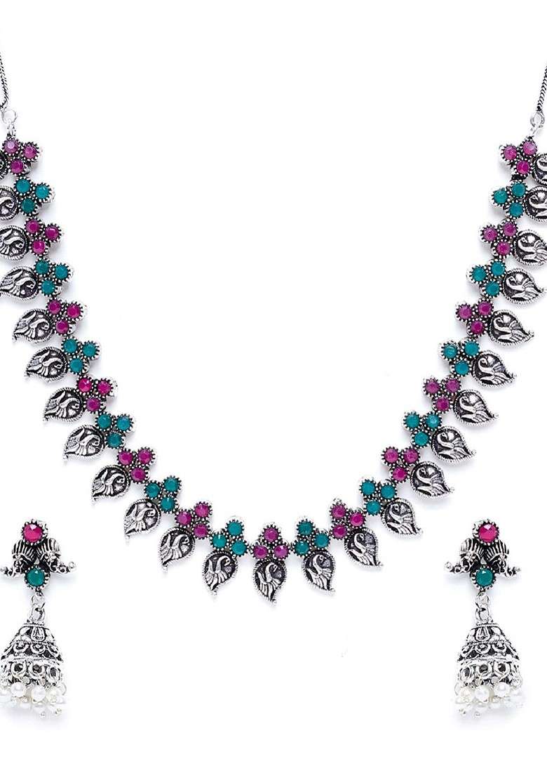Women Oxidised Silver Plated Stone Studded Handcrafted Jewellery Set - Indya
