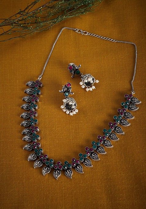 Women Oxidised Silver Plated Stone Studded Handcrafted Jewellery Set