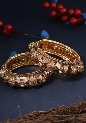 Women Set Of 2 24 KT Gold Plated And Red Embellished Designer Bangles